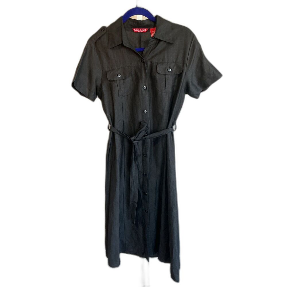 Contact New York Black Short Sleeves Shirt Dress w/belt Maxi Classic Large